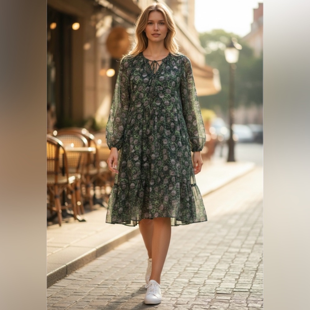 BCB GENERATION Green Voile Floral Peacock Print Belted Mini Dress Size XS